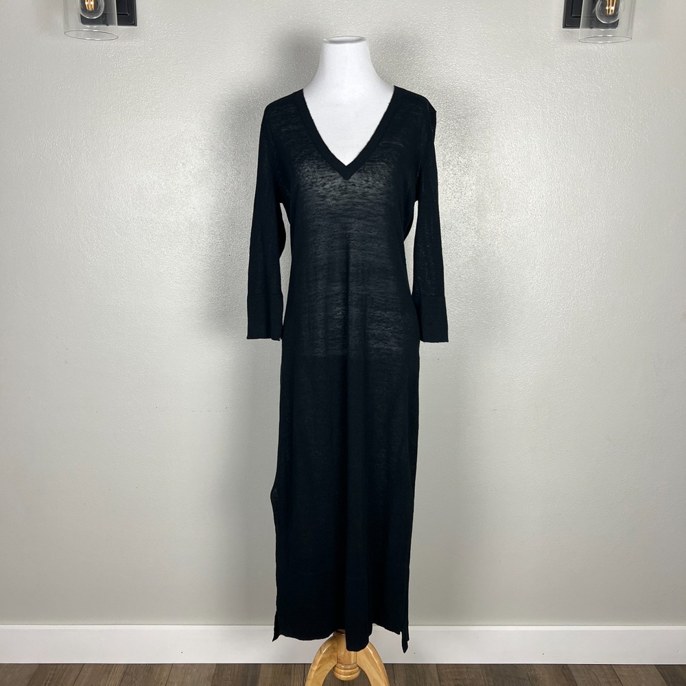 The White Company Label Maxi Dress Women 4 Black Linen Knit Slits Cover Up Beach